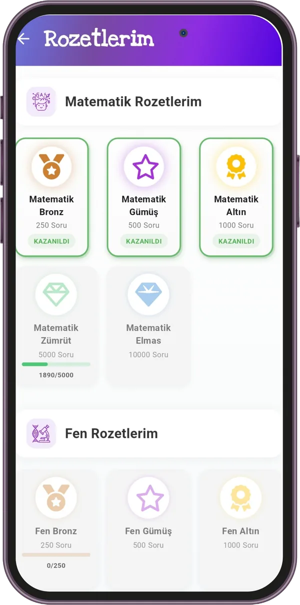 Rozetlerim ekranı: Matematik ve Fen rozetleri, bronzdan elmasa